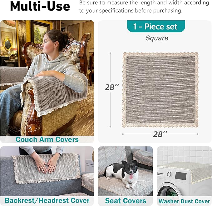 Velvet Couch Arm Cover, Non-Slip Lace Armrest & Backrest Covers, Slipcovers