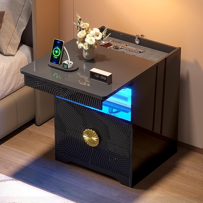 Nightstands Set of 2 with Gun Drawer, Bedside Table with 3-Color LED Lights &