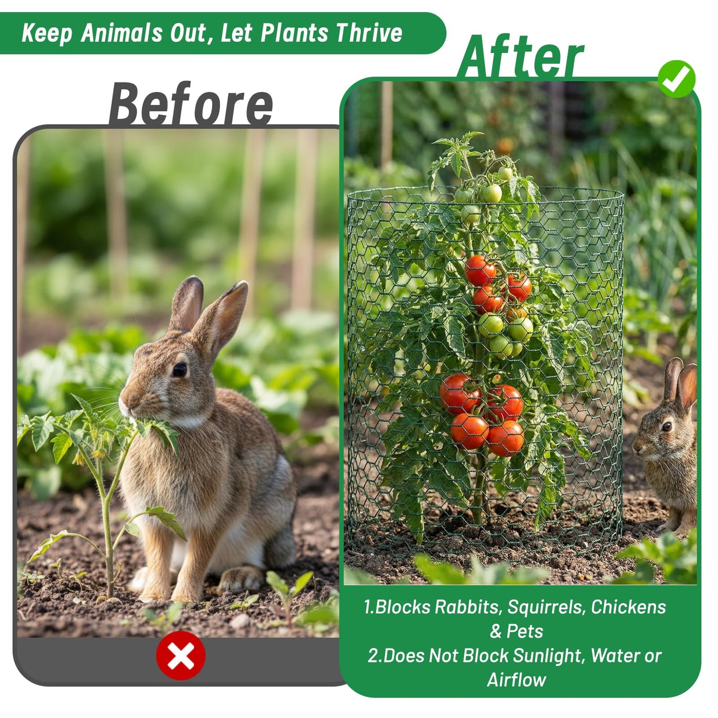 Convivium Plant Protectors from Animals, 0.8mm Free-Cut Green Chicken Wire Mesh, PVC Coated Tree Trunk Guard & Garden Fence for Outdoor Plants with Zip Ties, Stakes, Pliers, Gloves（16.7 Ft*24In）
