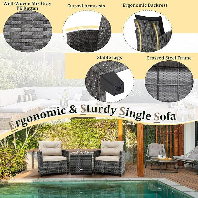 HAPPYGRILL 3 Pieces Patio Conversation Set PE Rattan Outdoor Furniture Sofa Set