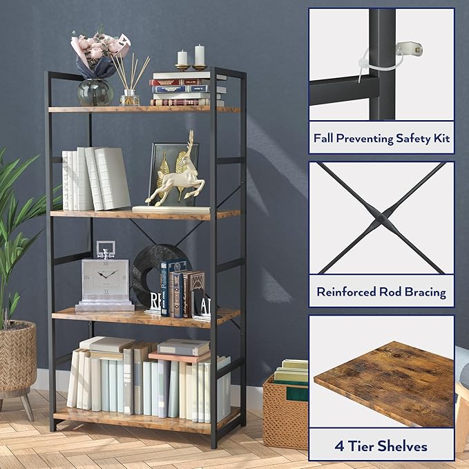 NUMENN 4 Tier Bookshelf, Tall Bookcase Shelf Storage Organizer, Modern Book