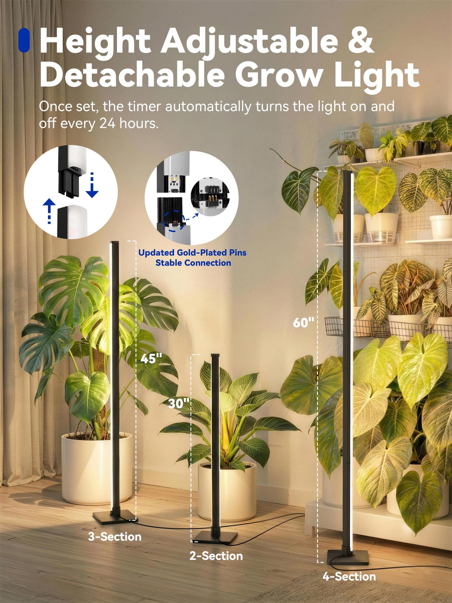 GLOWRIUM Grow Lights for Indoor Plants, 36W Vertical Plant Grow Lights with Auto-Timer, Full Spectrum LED Standing Plant Grow Light, 3 Light Modes, 6-Level Dimmable (60in)
