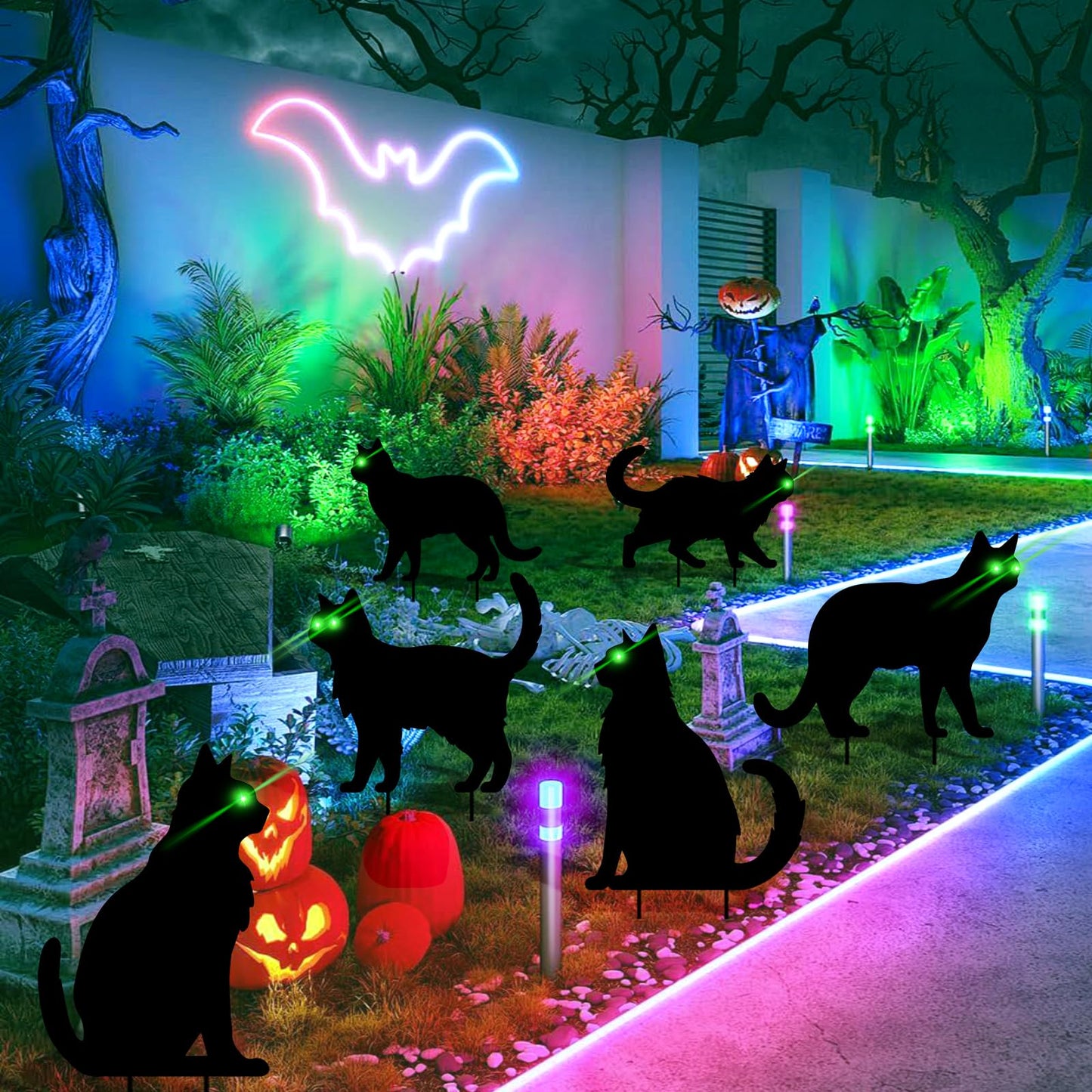 sewrung 6 Pcs Black Cat Halloween Decorations Plastic Yard Signs with Stakes,Halloween Decorations Outdoor, Scary Silhouette with Glow in Dark Eyes for Outdoor Yard Lawn Garden Halloween Décor
