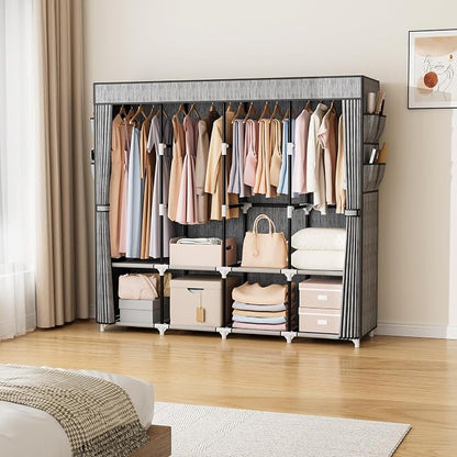 VTRIN Portable Closet for Hanging Clothes 67 Inch Wide Large Capacity Portable Wardrobe Closet with Cover, 4 Storage Shelves and 4 Hanging Rod Sturdy Free Standing Closet for Bedroom, Printing