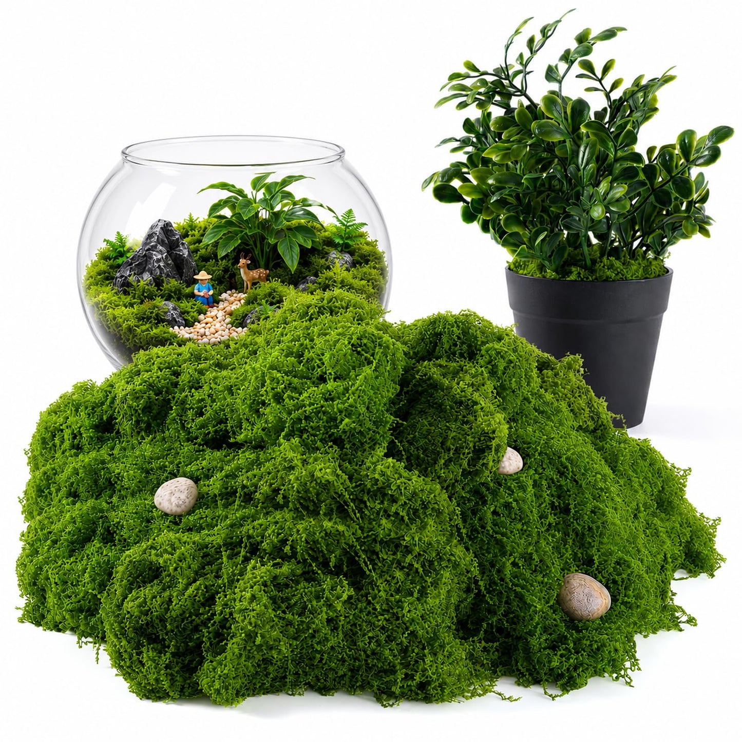 Sileasncei Faux Green Moss 10.6oz for Terrarium, Potted Plant Soil Cover & Wedding Table Centerpieces, Realistic Forest Style Moss for DIY Botanical Decor, Vase Fillers & Maintenance Free Greenery