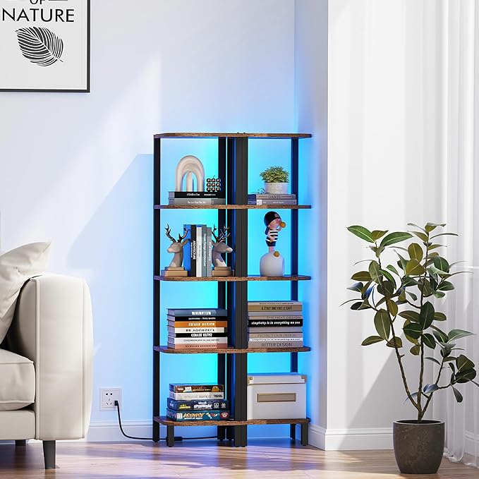 TUTOTAK Corner Shelf with LED Light, 5-Tier Corner Bookshelf