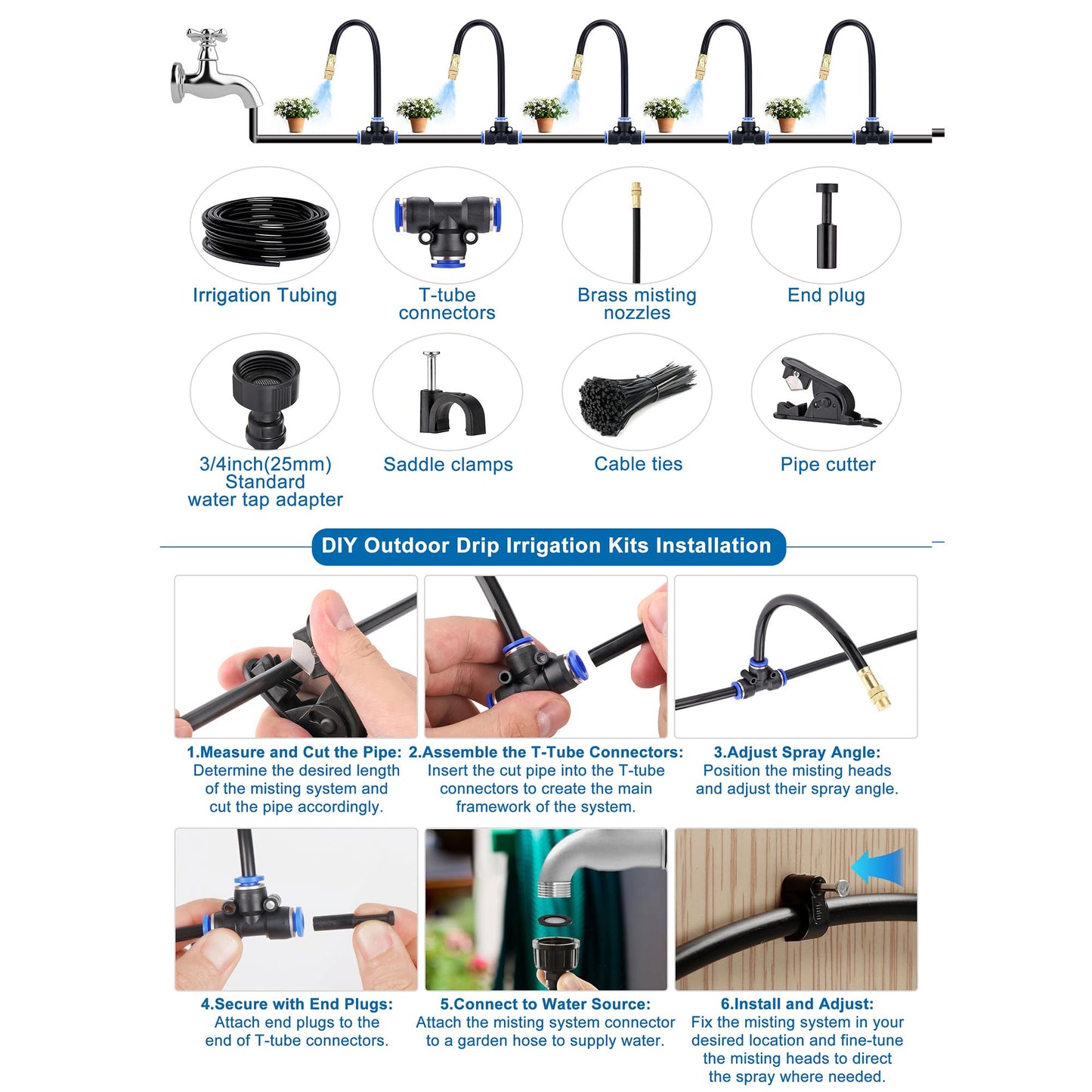 Mornajina Automatic Drip Irrigation Kits Garden Irrigation System, Includes 66FT 5/16 inch Irrigation Tubing Hose & 20Pcs 360° Bending Dropper Atomizing Mist Nozzles Tee for Garden Watering System