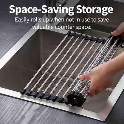 Roll Up Dish Drying Rack for Over Sink -17.5"x11.8" Foldable Stainless Steel Kitchen Drainer, Black