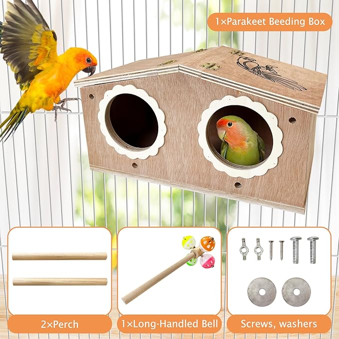 PINVNBY Parakeet Nesting Box Bird House for Cage Wood Bird Breeding Box with Bell Toys for Lovebirds Cockatoo Budgie Finch Canary Small and Medium-Sized Birds (Large: 11.02 * 6.06 * 6.06 inch)