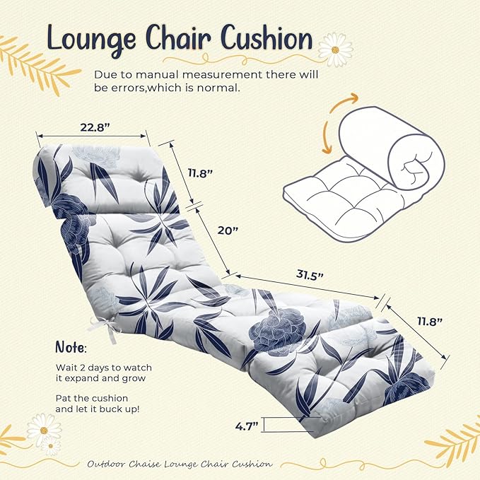 Outdoor Chaise Lounge Chair Cushion 75.1 x 22.8 x 4.7 Inches 100% Waterproof