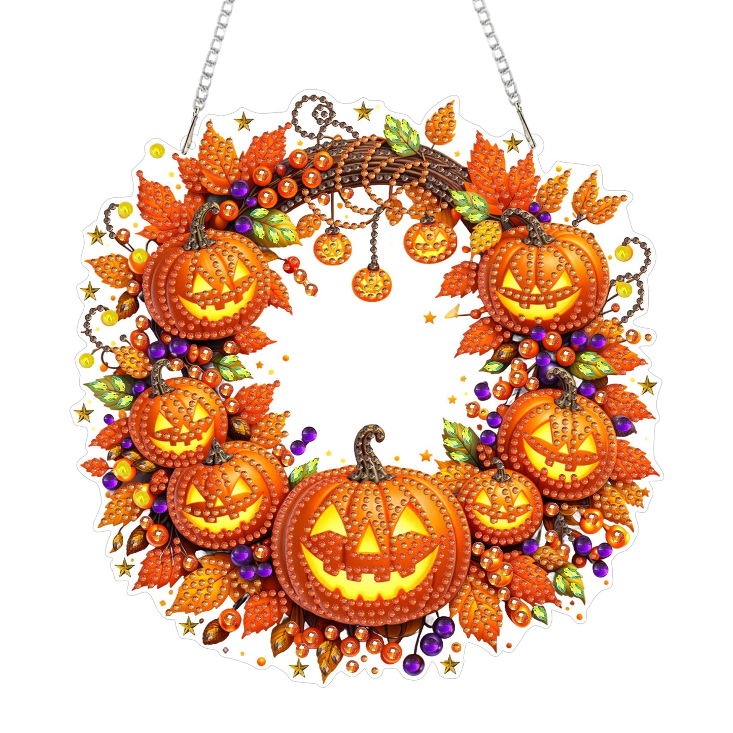 Eiflow Acrylic Diamond Art Hanging Kit for Adults Halloween, DIY Diamonds Painting Door Hanger Board Kit, Special Crystal Diamond Art Painting Pendant Ornament (Pumpkin Wreath)