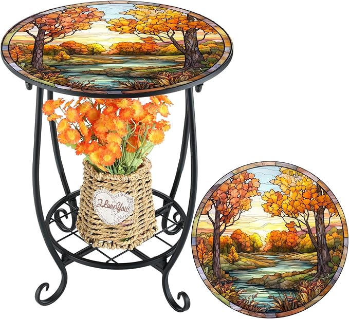 Cinnvoice Outdoor Side Table Round Small Mosaic Patio Accent Indoor End Plant