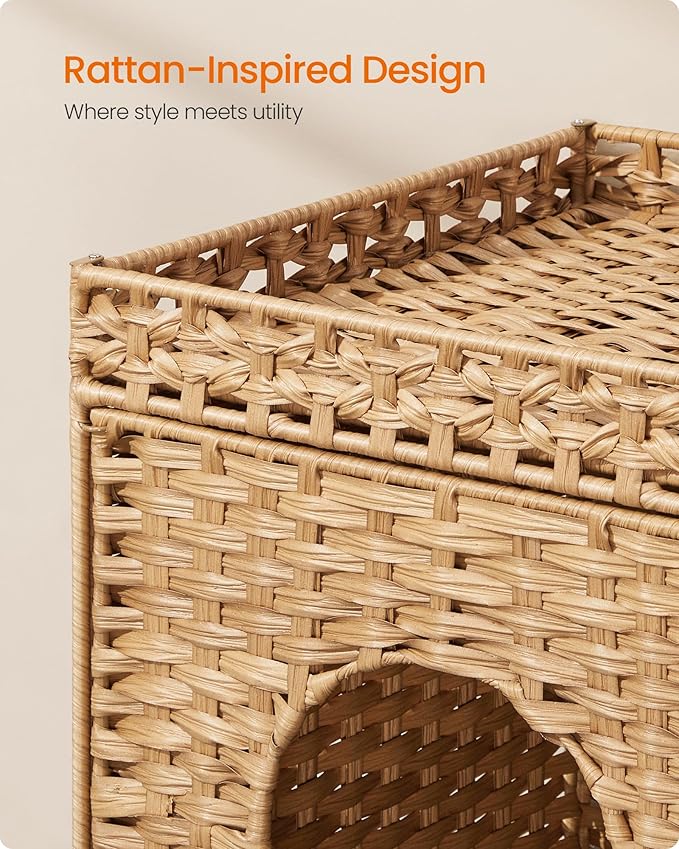 Feandrea Cat Litter Box Enclosure, Handwoven Rattan Hidden Litter Box Furniture
