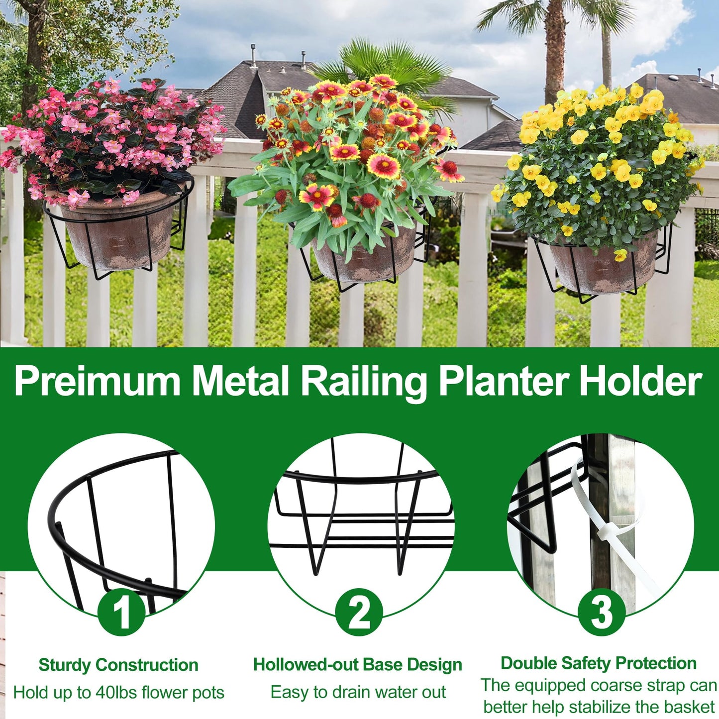 OYMVEKIK Adjustable Hanging Railing Planter, 3 Pack Fit 1.5 to 4.5 Inches Railing, Weather-Resistant Metal Balcony Rail Planters, Work for Outdoor Fence Deck Garden Patio Halloween Christmas Decor
