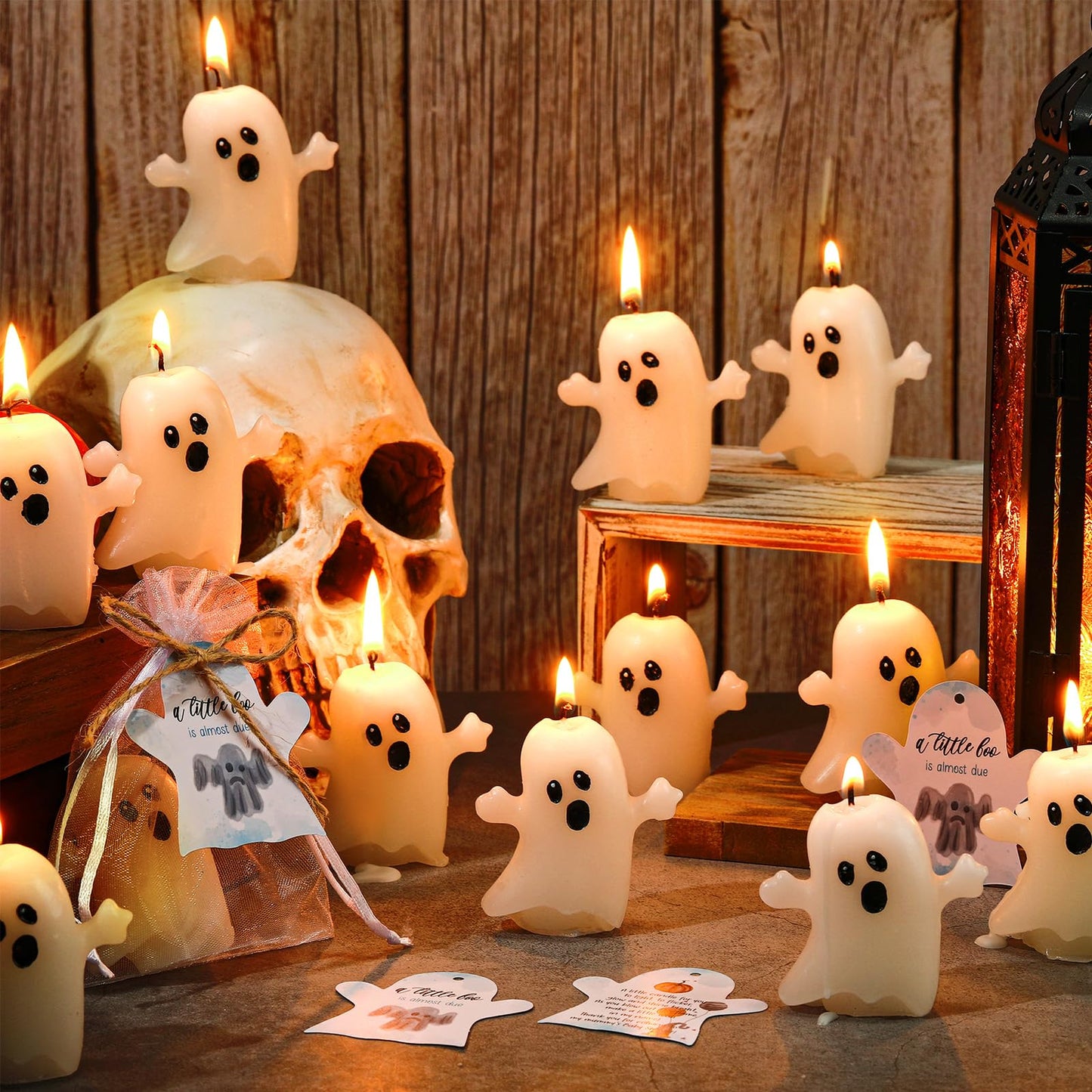 MTLEE 50 Sets Halloween a Little Boo is Almost Du Baby Shower Favors Cute Ghost Candles Unscented with Mini Ghost Thank You Cards Bags for Halloween Boo Gender Reveal Party Supplies (Blue)
