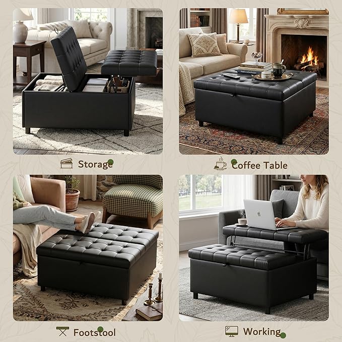 LINLUX Extra Large Leather Storage Ottoman, 35.5 Inch Large Square Lift Top