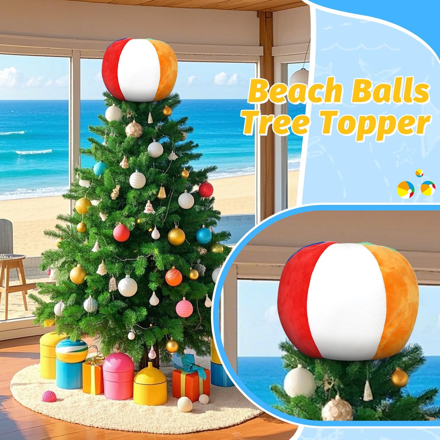 Summer Beach Ball Tree Topper, 8” Rainbow Beach Ball Tree Decor, Plush Stuffed Summer Tree Topper for Christmas in July Pool Beach Luau Hawaiian Themed Tropical Party