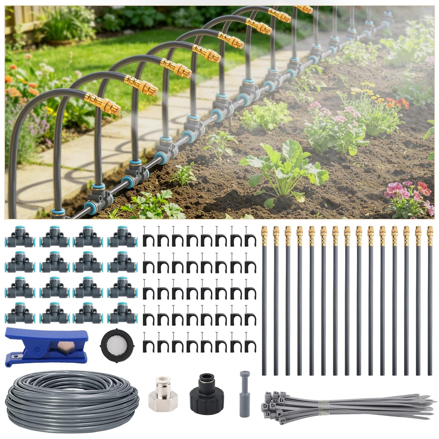 50FT 5/16" Quick-Connect Drip Irrigation System Kit, Automatic Garden Watering System with 15 Pcs Adjustable Spray Nozzles for Garden, Greenhouse, Yard, Lawn