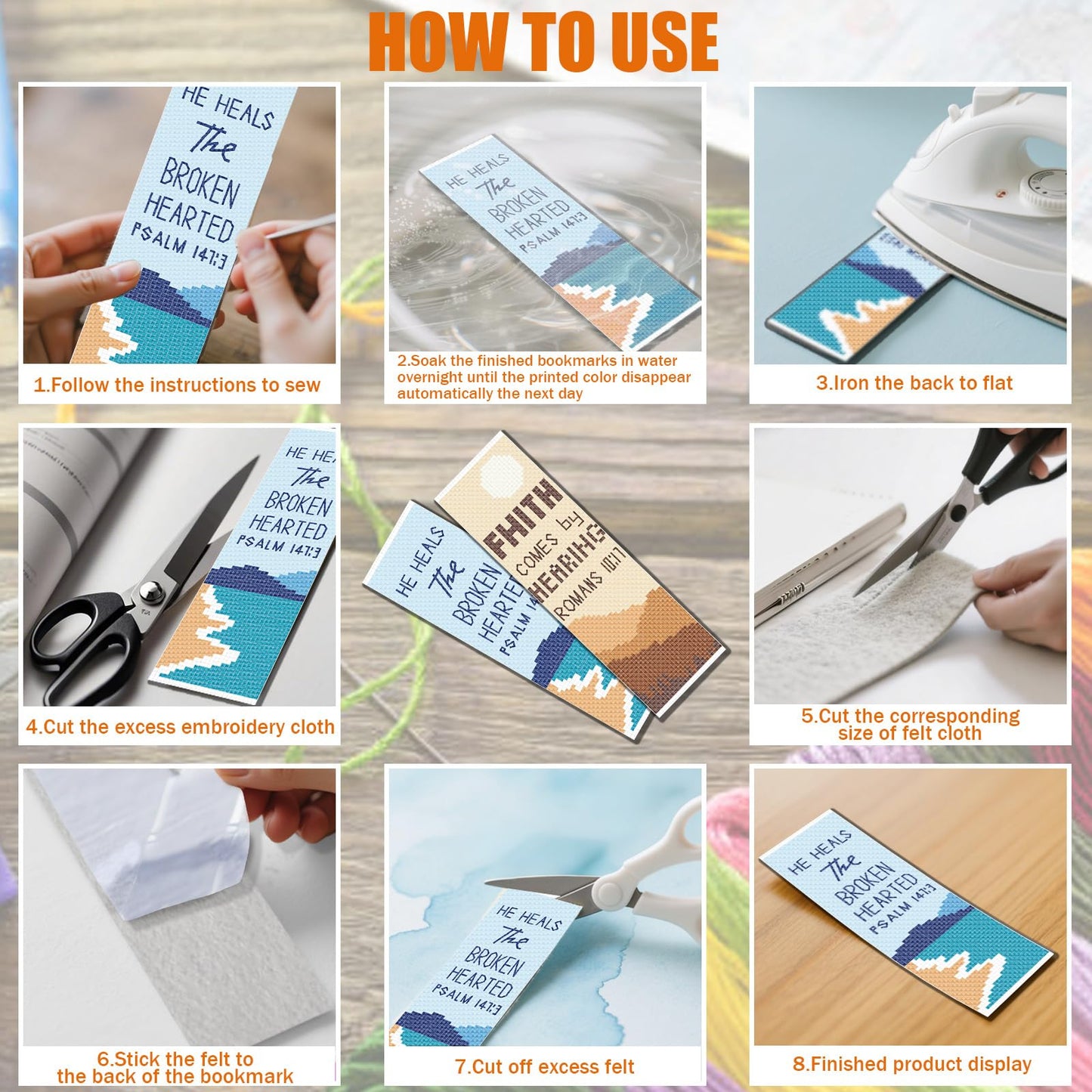 FREEBLOSS 11CT 6 Set Cross Stitch Bookmark Kit Landscape Stamped Embroidery Bookmark Kit with Instructions 6 Back Felt Bookmarks Making Set for Adults Book Lovers, 8"x2.4"