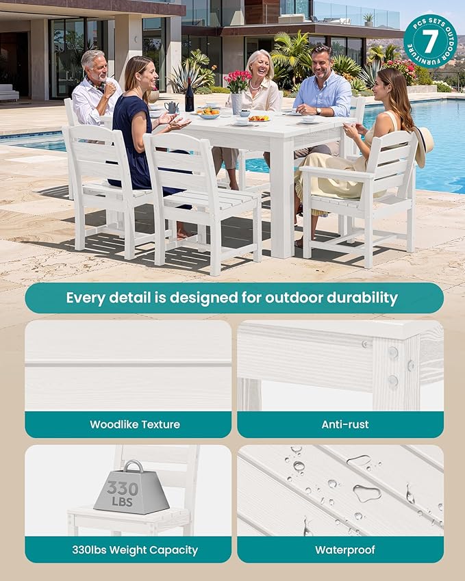 SERWALL HDPE Dining Set for 6: 1 Umbrella Hole Table, 4 Armless + 2 Armchairs.