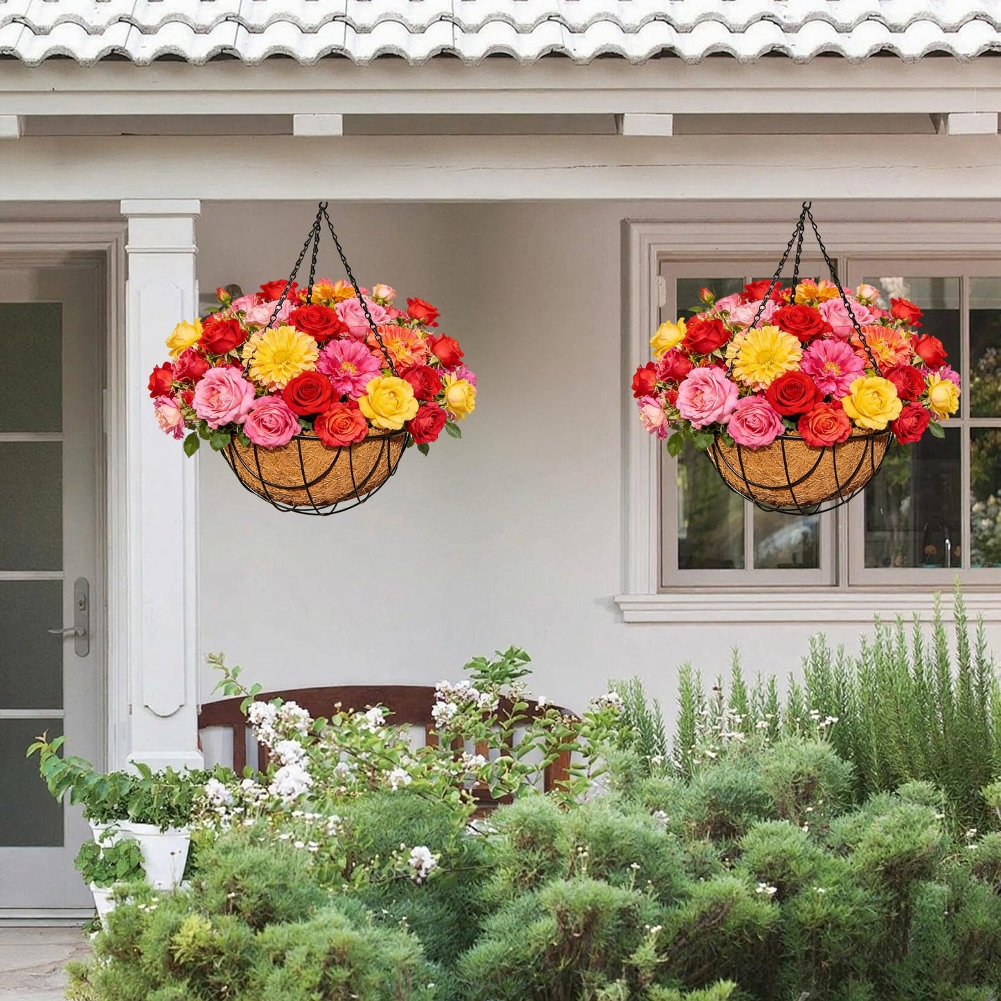 Qusuxi 2 Pack 12 Inch Metal Outdoor Hanging Baskets Black Heavy Duty Hanging Planters with Coco Liners for Indoor Outdoor Plants Gardens Patios Terraces（Earth）