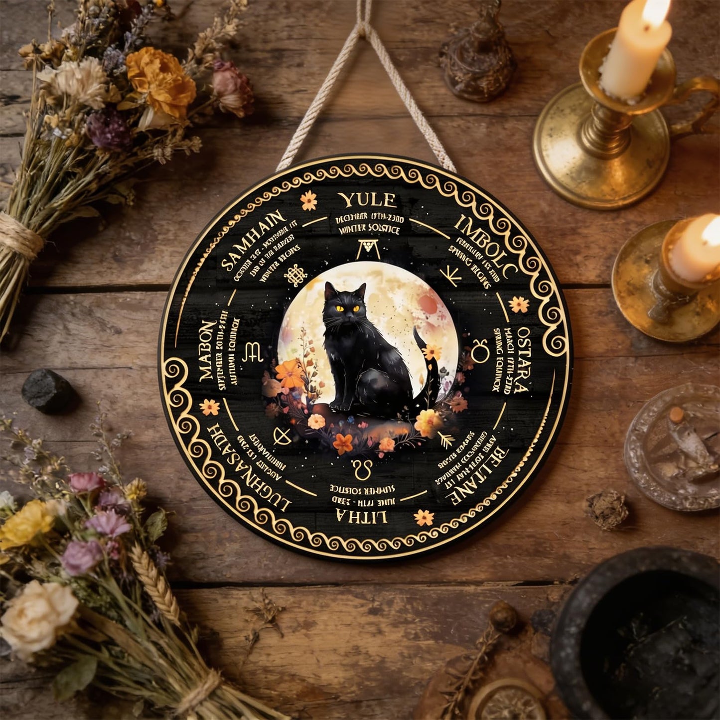 RIVEENY Wheel Of The Year Wall Hanging, Wooden Sabbats Pagan Witch Calendar, 12in Wicca Altar Decor for Yule, Celestial Signs, Christmas & Halloween