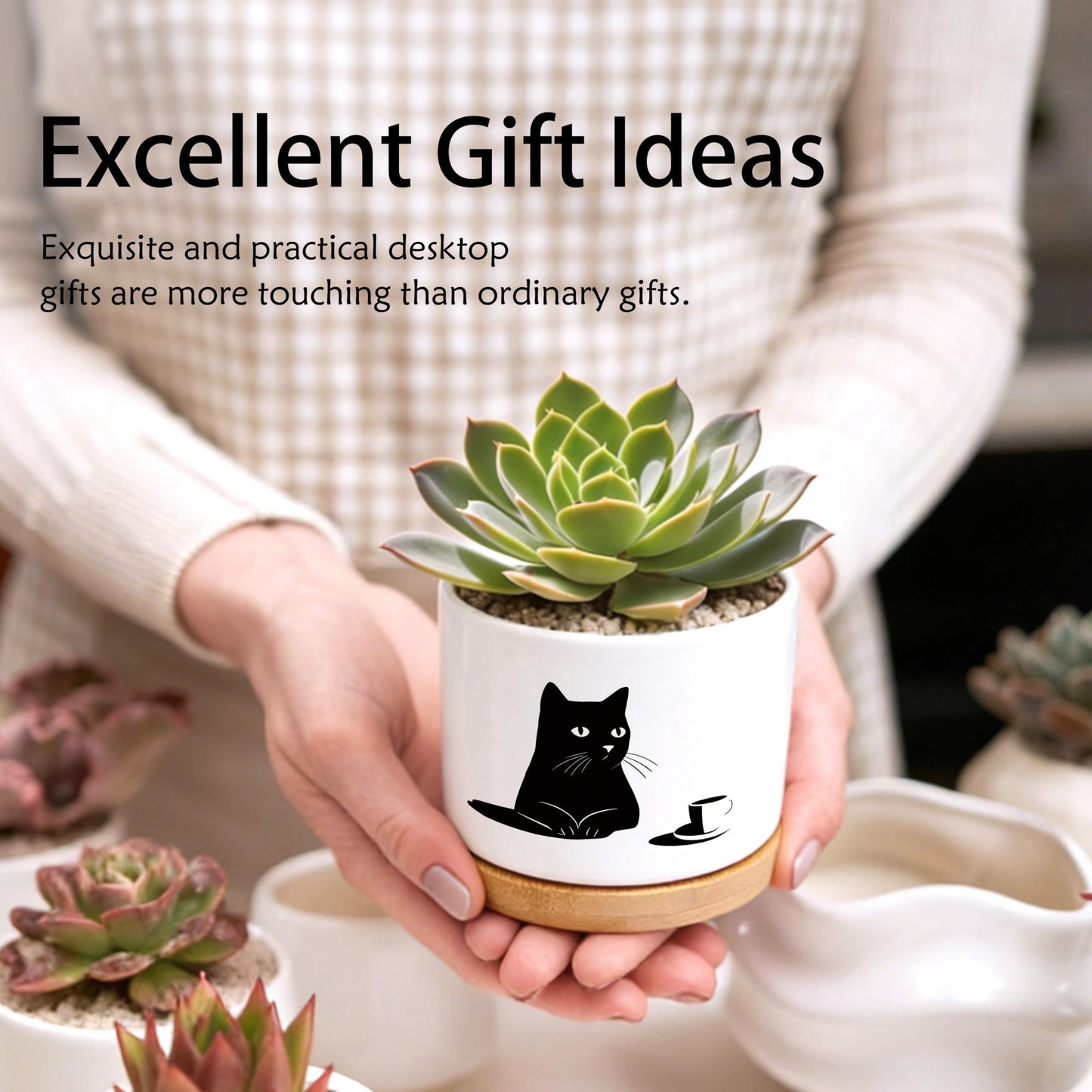 EVIHCG Black Cat Coffee Planter Pots, Cat Lover Mom Lady Owner Gifts, Funny Black Kitty Kitten Ceramic Succulent Plant Flower Planters for Home Office Desk Table Shelf(No Plants)