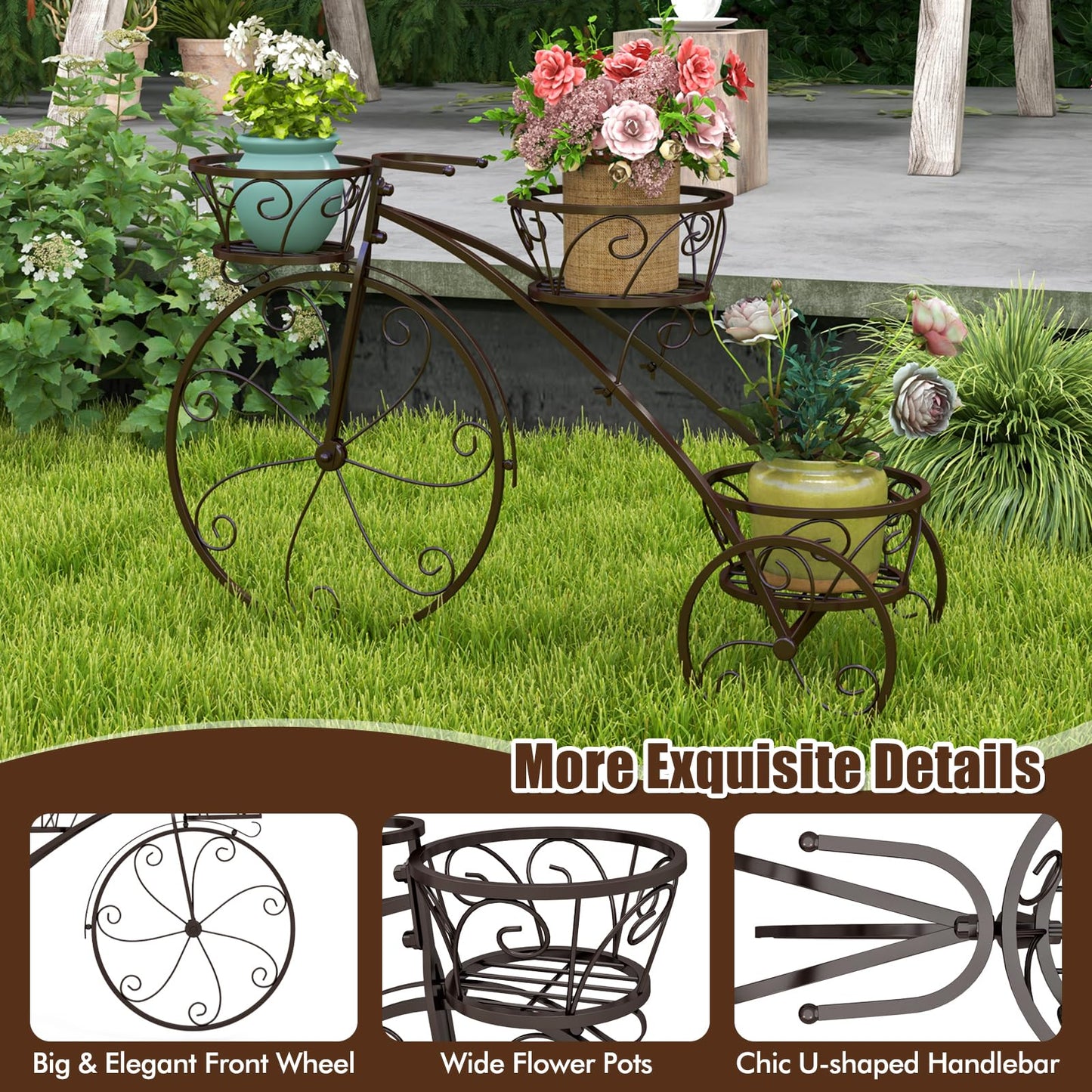 CHEFJOY Metal Bicycle Planter, 3-Tiers Flower Cart Display Stand with 3 Wheels & Iron Baskets, Decorative Cart plant stand for Garden, Patio, Indoor, Outdoor (Bronze)