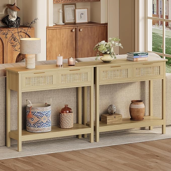 Trironsun Farmhouse Rattan Console Table