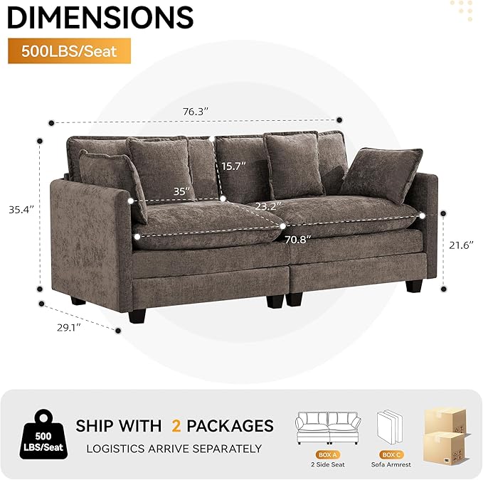 76″ Cloud Deep Seat Loveseat, Upholstered Chenille Modular 2-Seat Sectional
