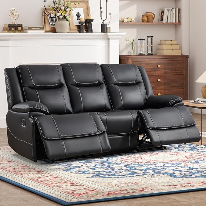 ANJ Premium Genuine Leather Manual Reclining Sofa Couch, Overstuffed 3-Seater