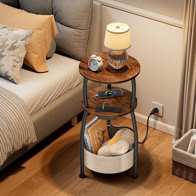 Side Table with Charging Station, Small Round End Table with Basket, USB Port