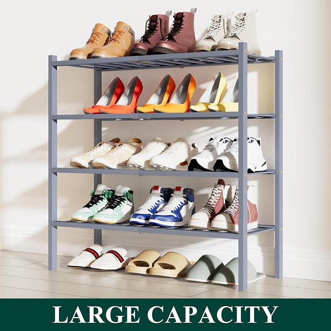 Smiry Bamboo Shoe Rack, 4 Tier Free Standing Wooden Shoe Organizer, Stackable Wood Shoe Storage Shelf for Closet, Entryway, 12 Vertical Slats, 2+2 Stack Standard Legs, 26.8"x11"x26", Grey