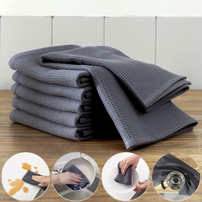 QUILTINA Dish Towels Set, 100% Cotton Waffle Weave Kitchen Towels 6 Pack