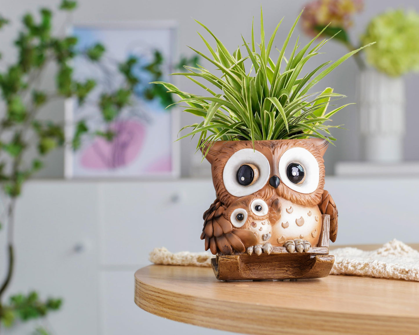 Saysmile Unique Owl Plant Pots Indoor, Cute Small Succulent Pots with Drainage Hole, Rocking Chair Planters for Outdoor Indoor Plants, Resin Flower Pot for String of Pearls, Gift Ideas for Mother