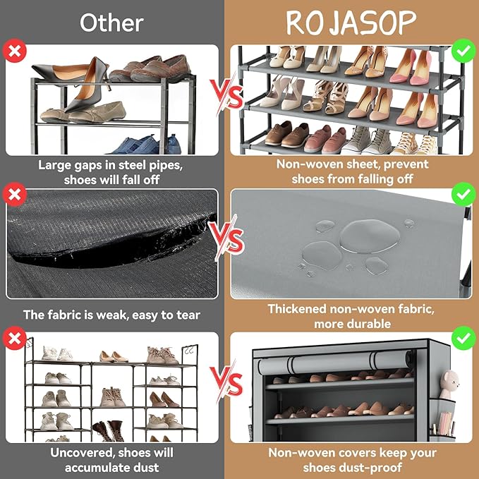 ROJASOP Shoe Rack with Covers, Stackable 10 Tier Tall Shoe Shelf Storage 50-55