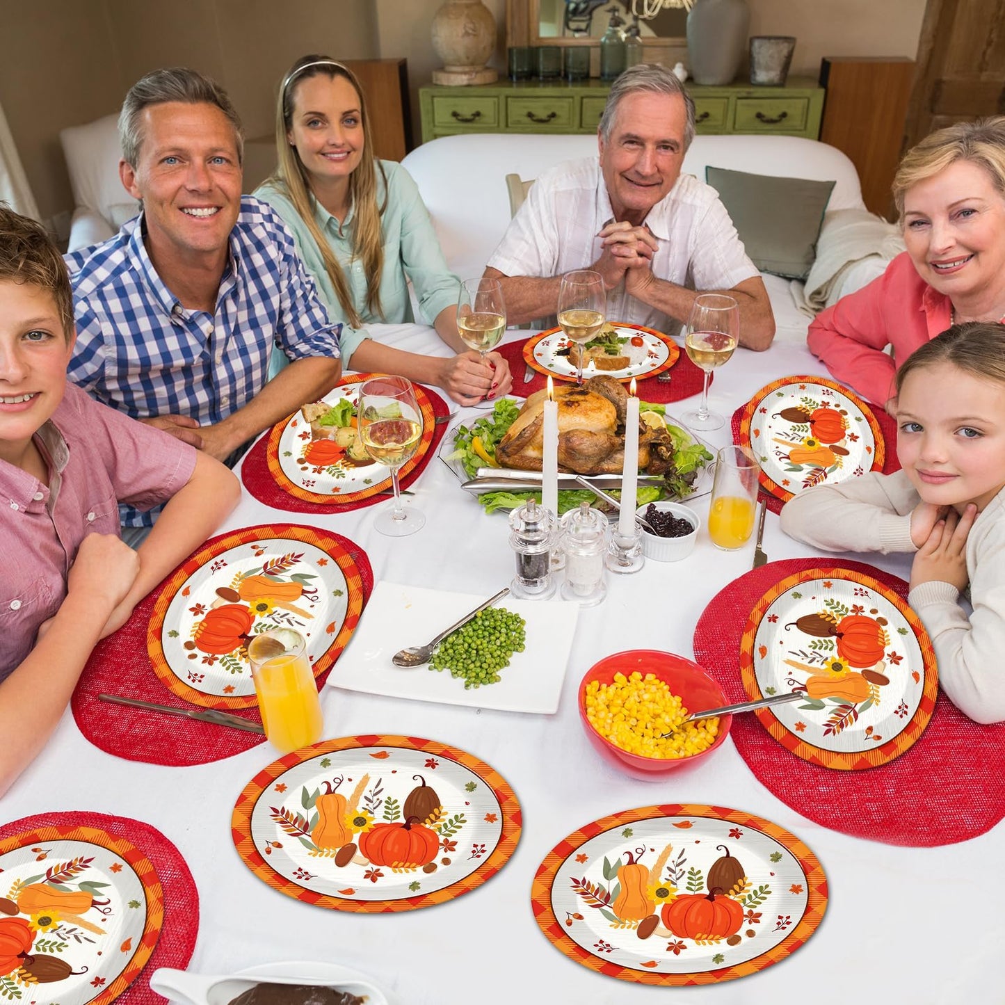QOUBAI 50Pcs Thanksgiving Fall Oval Plates 11 Inch Large Autumn Pumpkin Maple Leaves Disposable Paper Plate Orange Plaid Platter Dish Tray Tableware Dinnerware Fall Harvest Party Decoration Supplies