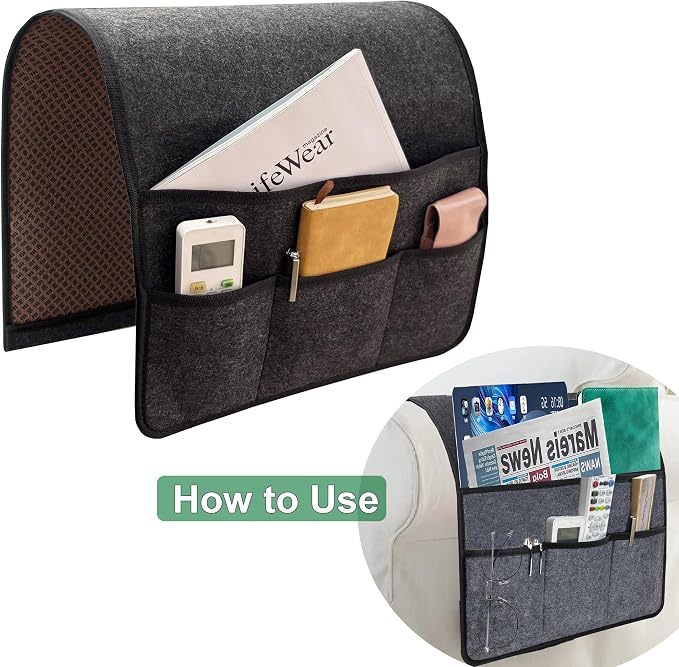 Sofa Armrest Caddy, Armchair Caddy for Recliner, Couch Organizer, Bedside Organizer, Remote Holder with Silicone Non-slip Design,4 Pockets for Magazine, Notepad,Phone, Ipad, Glasses (Black)