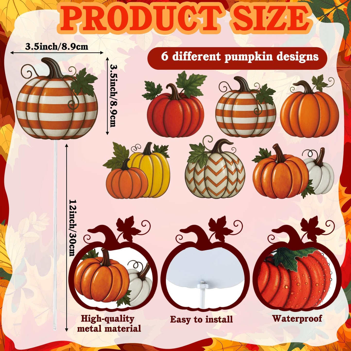 Shimeyao 6 Pcs Metal Fall Pumpkin Garden Stakes Harvest Metal Garden Signs 12 Inch Pumpkin Autumn Yard Stakes Outdoor Decor for Thanksgiving Home Lawn Porch Holiday Front Backyard
