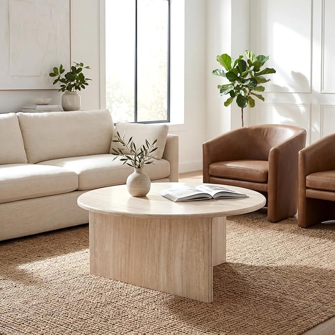 HNY Modern Round Coffee Table Marble Veneer Wood Center Table 31.5" Faux