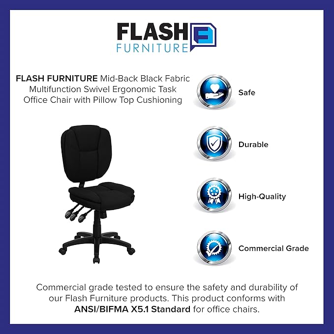 Flash Furniture Caroline Mid-Back Black Fabric Multifunction Swivel Ergonomic