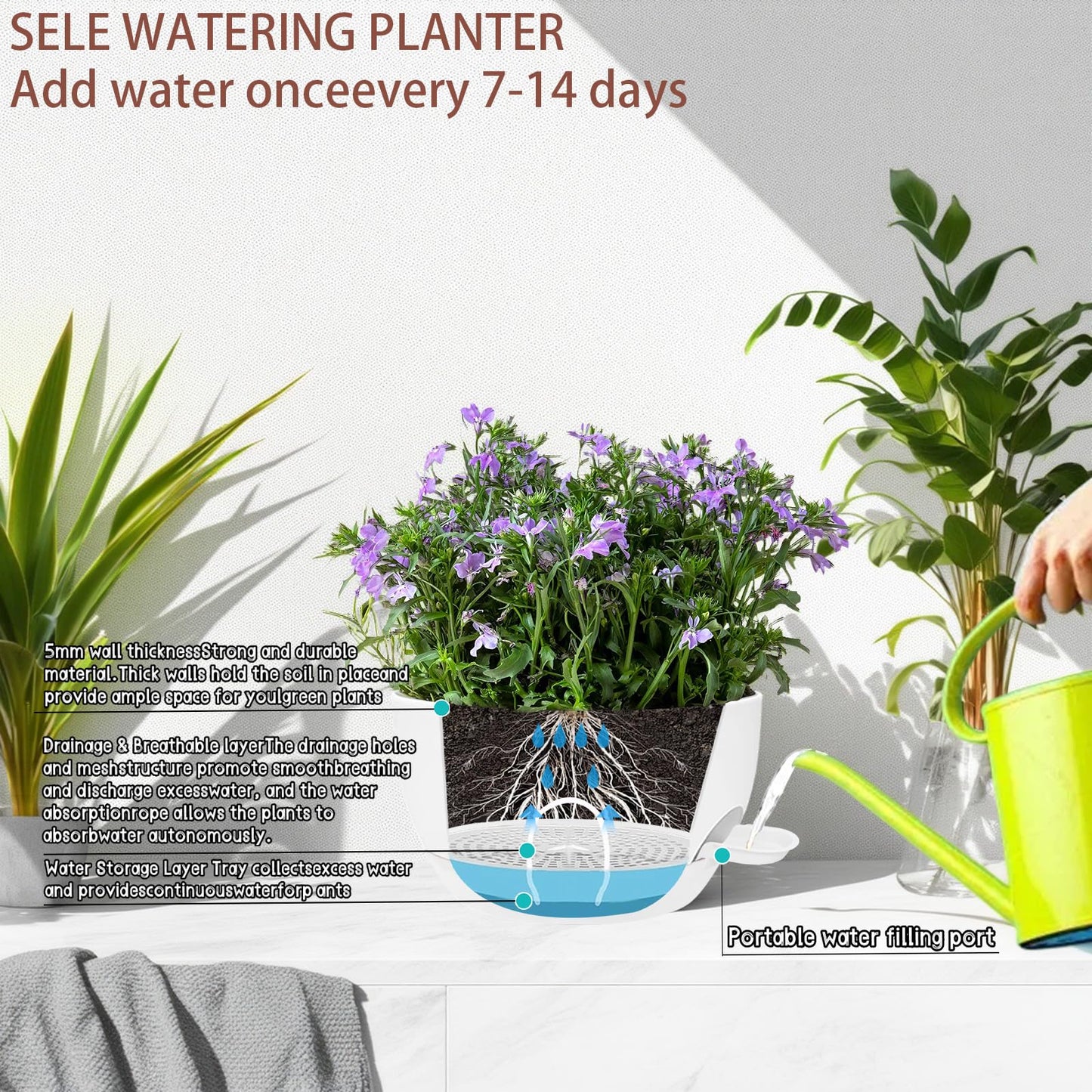 zople 2 Pack 12 Inch Self Watering Hanging Planters for Indoor Plants, Large White Plastic Hanging Pots with Chains for Outdoor Patio Garden Home Decor White