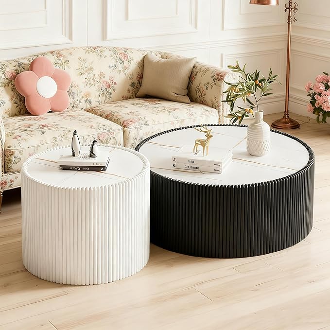 SSLine Round Drum Coffee Table Modern Sintered Stone Top Side End Table in