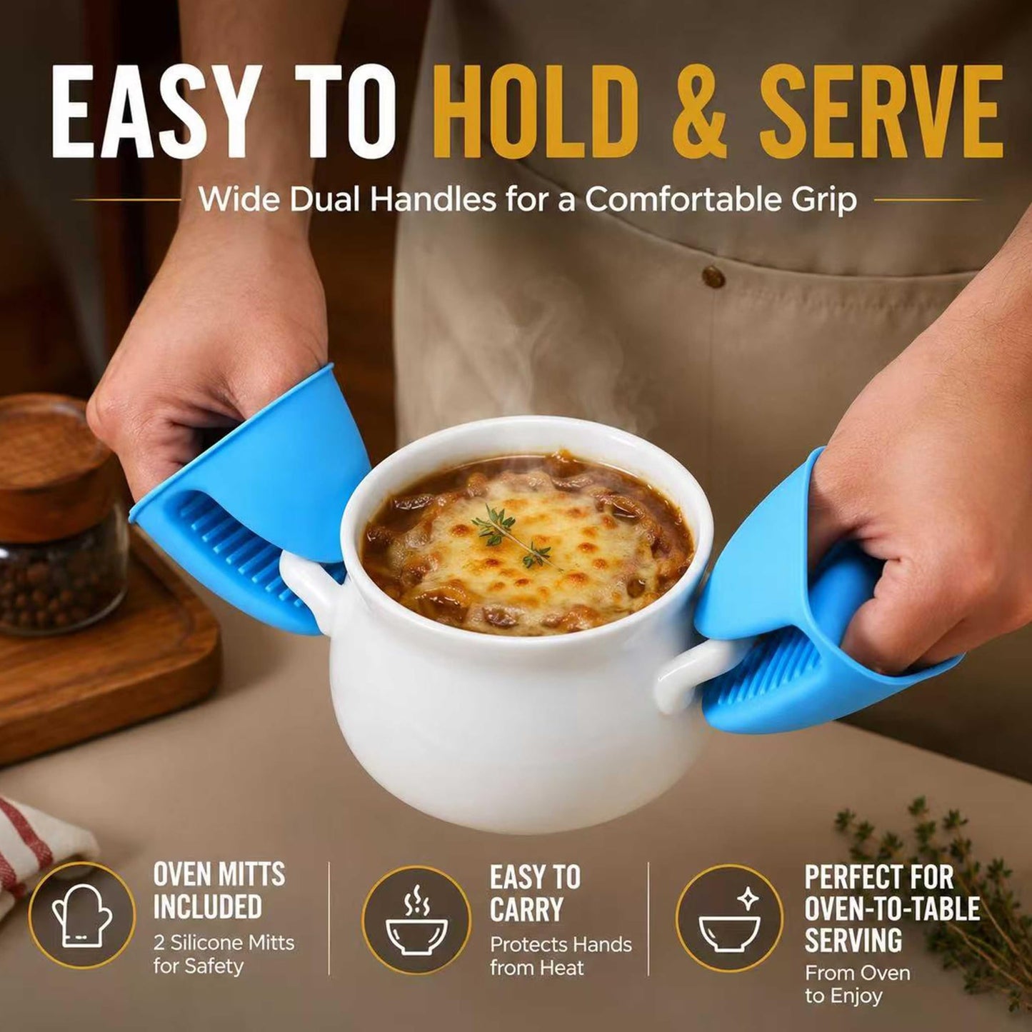 20oz French Onion Soup Bowls with handles Set of 4, 2 Mitts & 4 Spoons Included, Ceramic Oven Safe,Perfect for Soups, Chicken, Vegetable, Beef, Oatmeal, Chili, Corn, Clam, Pumpkin & More (White)