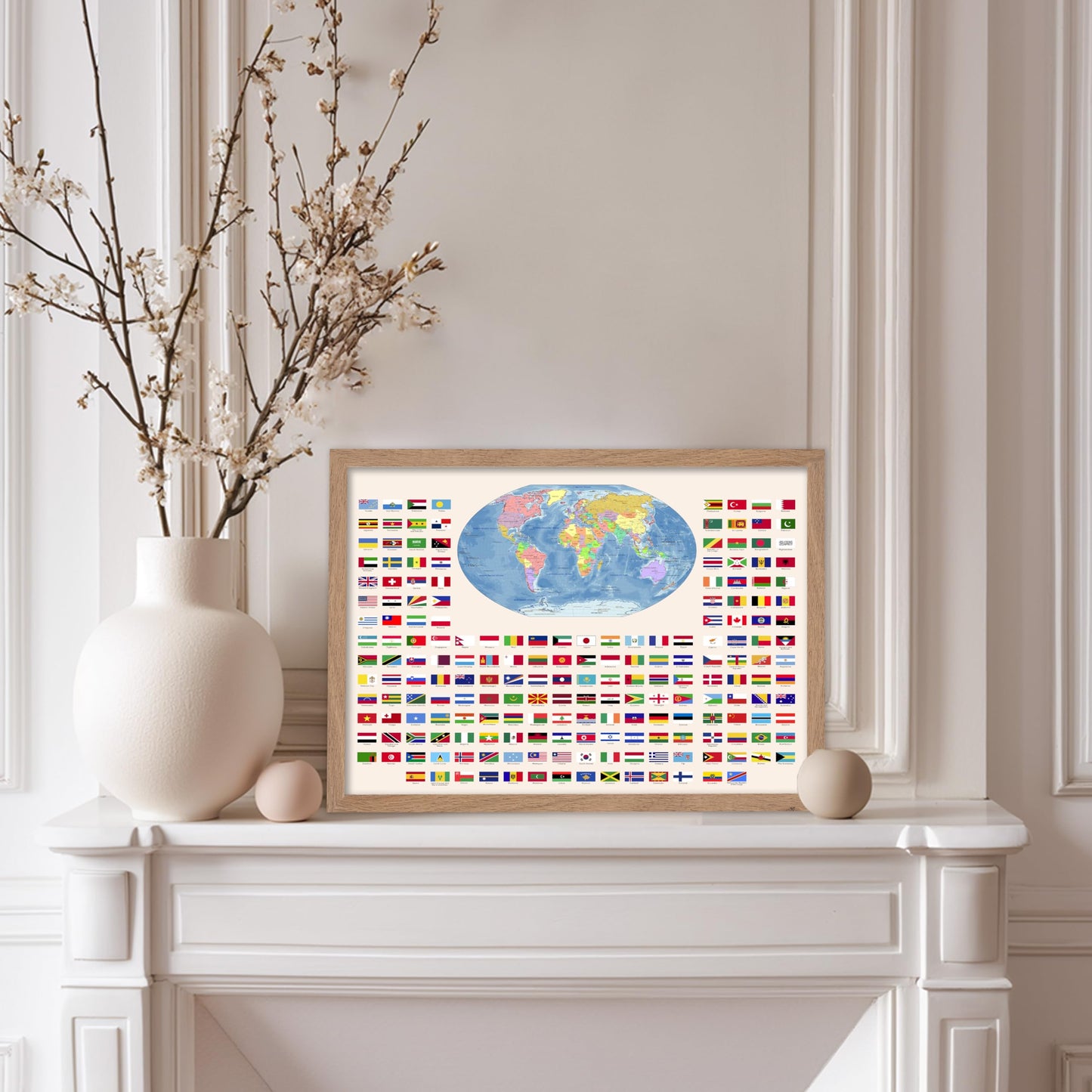 Poster Master Flags of the World Poster - World Print - Learning Materials Art - Educational Art - Gift for Kids, Students & Teacher - Wall Decor for Classroom or Library, 11x14 Beige Framed