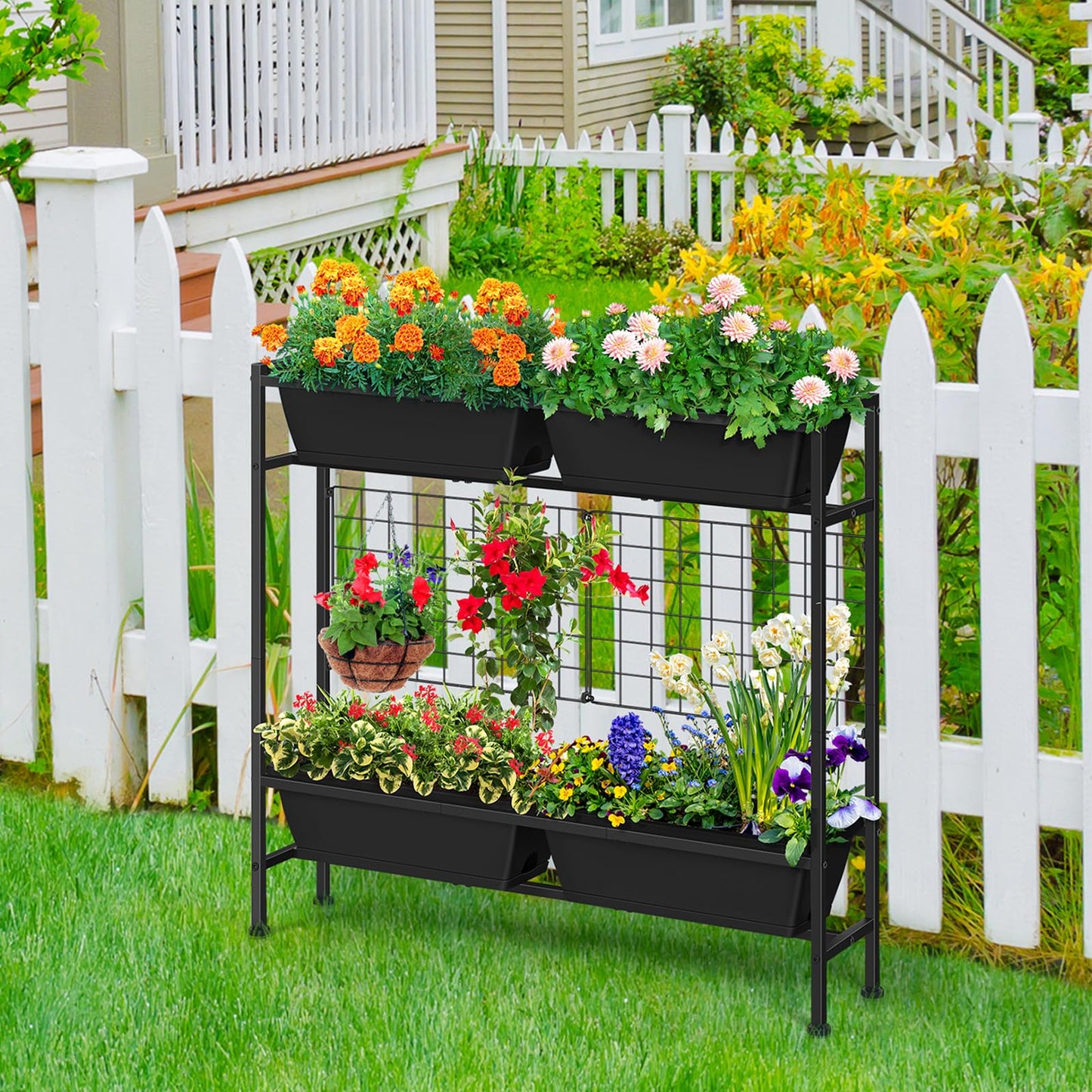 OYEAL Raised Garden Bed 32" Tall Elevated Planter Boxes with Trellis & Legs, Vertical Herb Garden Planter Outdoor for Gardening, Vegetables, Flowers, Herbs, Backyard, Black