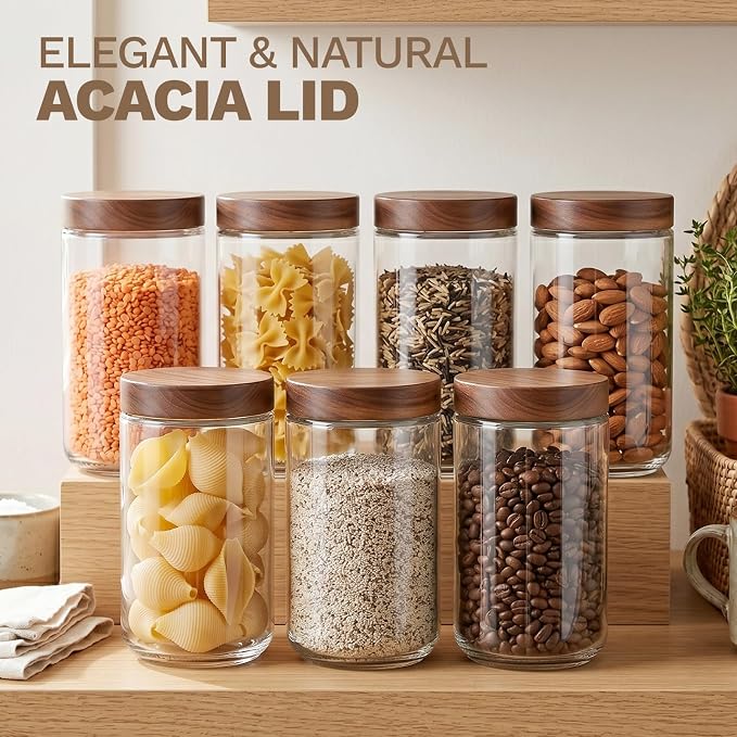 Bumobum 24 oz Glass Jars with Acacia Lids, Glass Food Storage Containers with Airtight Lids, Wide Mouth Mason Salad Jars for Coffee, Sugar, Loose Tea, Spice, Nut, Candy, Cereal, Snacks (4 Pack)