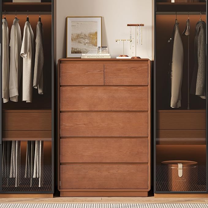 Solid Wood Dresser for Bedroom, Natural Solid Wood 6 Drawer Dresser, 45.3" Tall