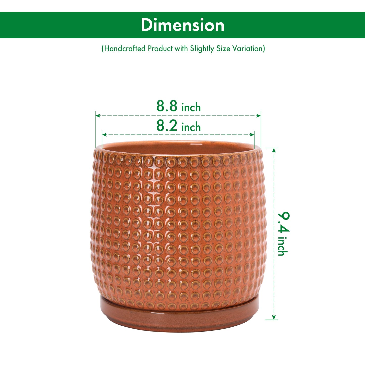 D'vine Dev 8 Inch Ceramic Beaded Stoneware Planter Pot - Flower Pot with Drainage Holes and Saucers for Indoor Succulent Plants or Flowers, Pumpkin, 27-C-Q-J