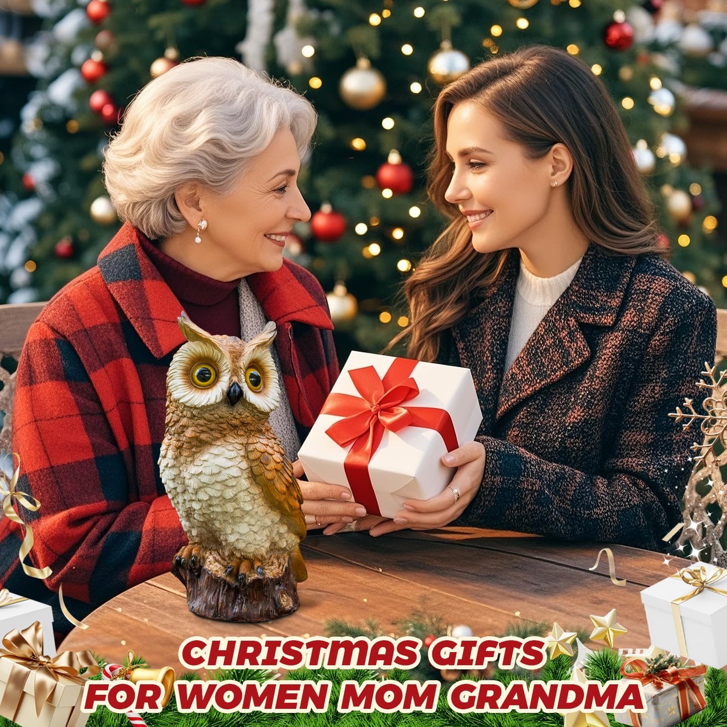 WONDHOME Solar Owl Garden Statues Outdoor Decor Resin Owl Figurine with LED Lights Owl Sculpture for Porch Patio Lawn Yard Decorations Christmas Housewarming Gifts for Women Mom,Brown Owl